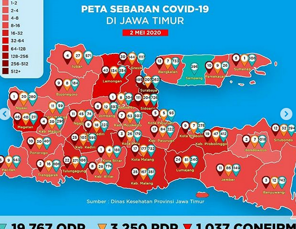Sebaran Covid-19 di Jatim per 2 Mei 2020