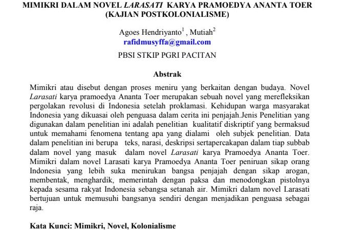 Mimikri dalam Novel Larasati Karya Pramoedya Ananta Toer (Kajian Postkolonialisme)