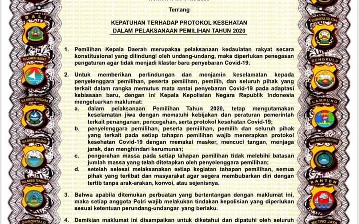 Kapolri Terbitkan Maklumat Cegah Klaster Covid-19 di Pilkada Serentak Tahun 2020