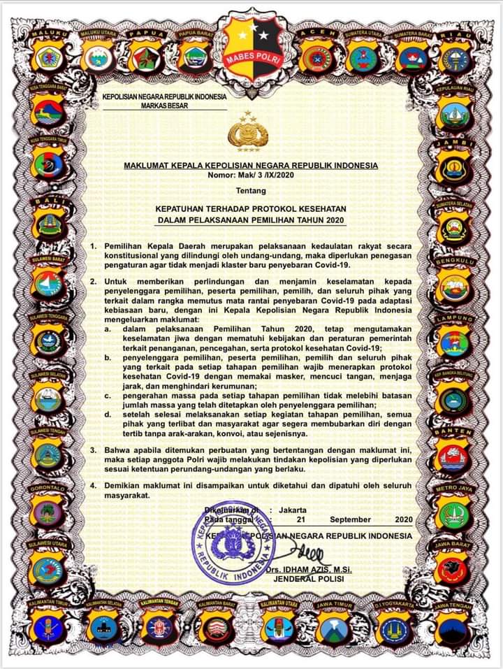 Kapolri Terbitkan Maklumat Cegah Klaster Covid-19 di Pilkada Serentak Tahun 2020