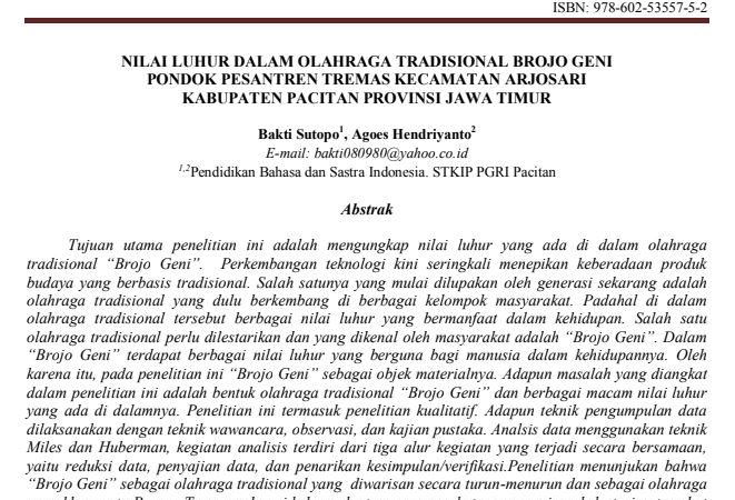 NILAI LUHUR DALAM OLAHRAGA TRADISIONAL BROJO GENI PONDOK PESANTREN TREMAS KECAMATAN ARJOSARI KABUPATEN PACITAN PROVINSI JAWA TIMUR
