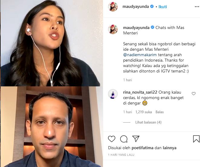 Maudy Ayunda, Ngobrol Santai  dengan Mendikbud Nadiem Anwar Makarim.