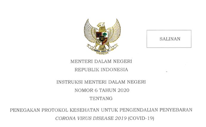 Instruksi Mendagri (Inmendagri) Nomor 6 Tahun 2020 tentang Penegakan Protokol Kesehatan untuk Pengendalian COVID-19