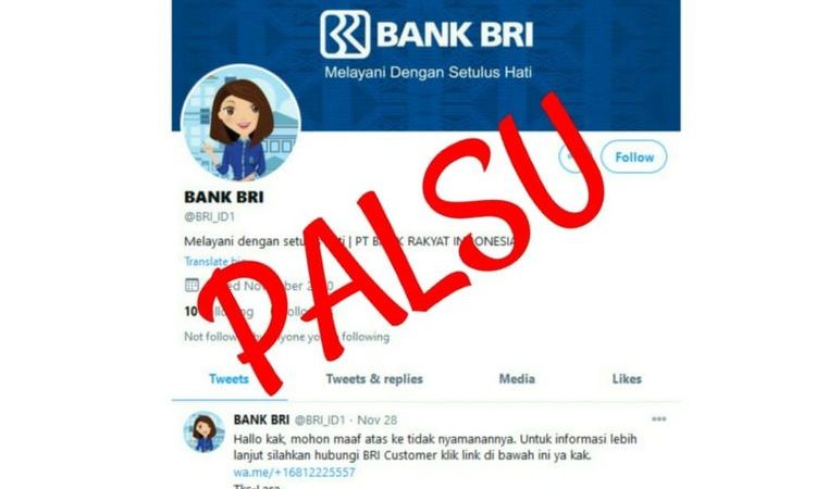 Awas Akun Palsu ! Akun Twitter Catut Nama Bank BRI