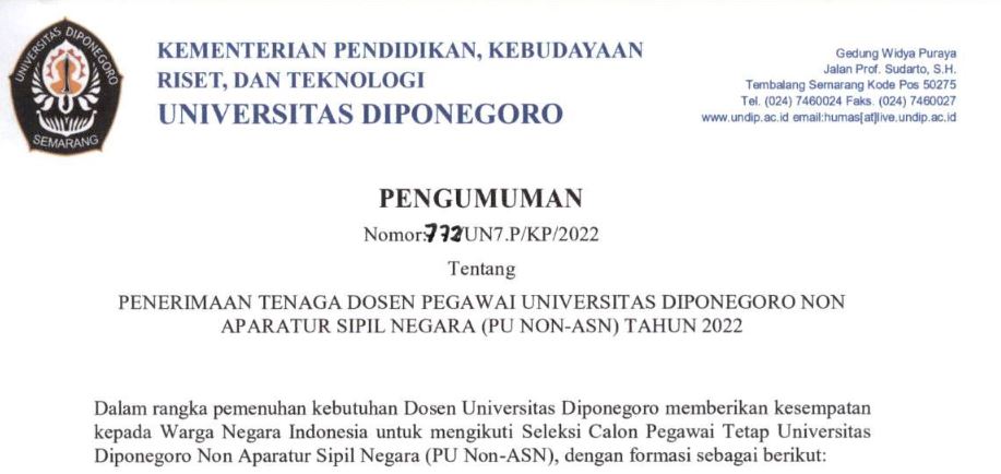 Universitas Diponegoro, Membuka Penerimaan Tenaga Dosen Pegawai  Non Aparatur Sipil Negara (PU Non-ASN) Tahun 2022