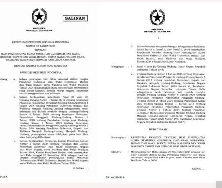 Presiden Tetapkan 27 November 2024 sebagai Hari Libur Nasional untuk Pilkada Serentak