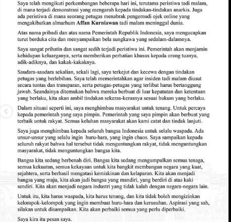 Presiden Prabowo Prihatin dan Janji Usut Tuntas Insiden Demonstrasi