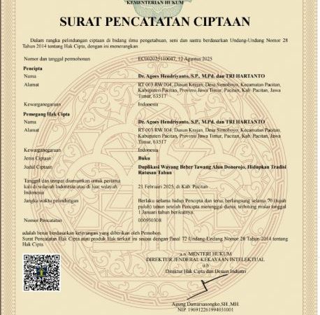Dr. Agoes Hendriyanto dan Tri Hartanto Resmi Catatkan Hak Cipta Buku “Duplikasi  Wayang Beber Tawang Alun Donorojo”