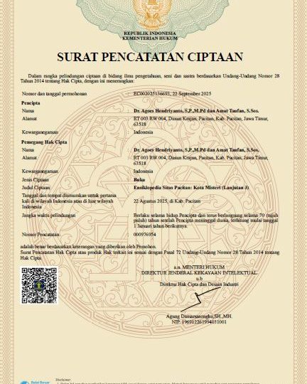 Ensiklopedia Situs Pacitan Volume 3 Resmi Terdaftar Sebagai Karya Cipta