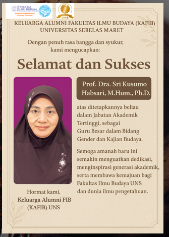 KAFIB UNS Sampaikan Ucapan Selamat kepada Prof. Dra. Sri Kusumo Habsari, M.Hum., Ph.D. atas Pengukuhan Jabatan Guru Besar