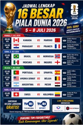 Jadwal Lengkap Babak 16 Besar Piala Dunia 2026: Spanyol vs Portugal hingga Brasil vs Norwegia