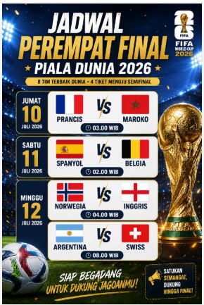 Delapan Tim Terbaik Berebut Tiket Semifinal, Ini Jadwal Perempat Final Piala Dunia 2026