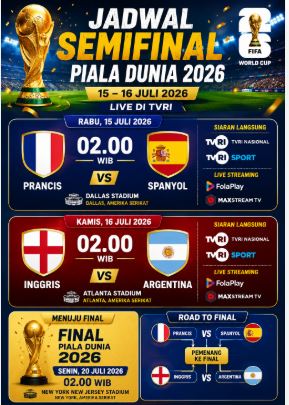 Jadwal Semifinal Piala Dunia 2026 Live TVRI: Prancis vs Spanyol, Inggris vs Argentina Berebut Tiket Final